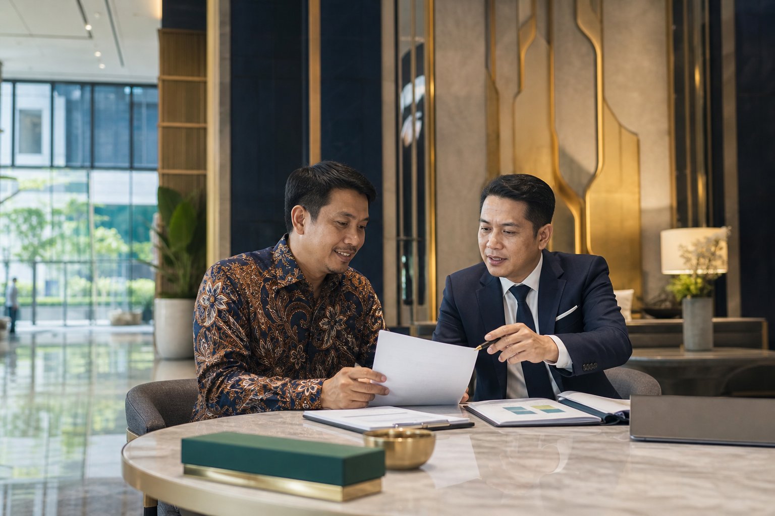 Pemilik dan pengelola gedung menelaah kontrak layanan