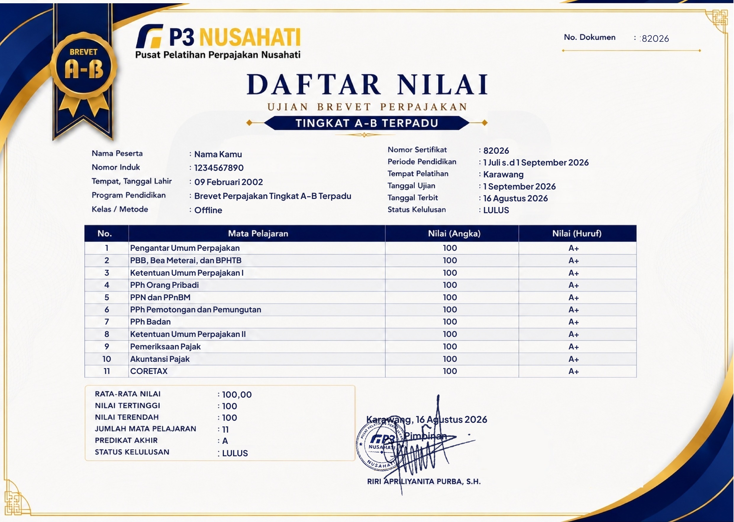 Contoh Sertifikat Brevet Pajak P3Nusahati - Tampak Belakang
