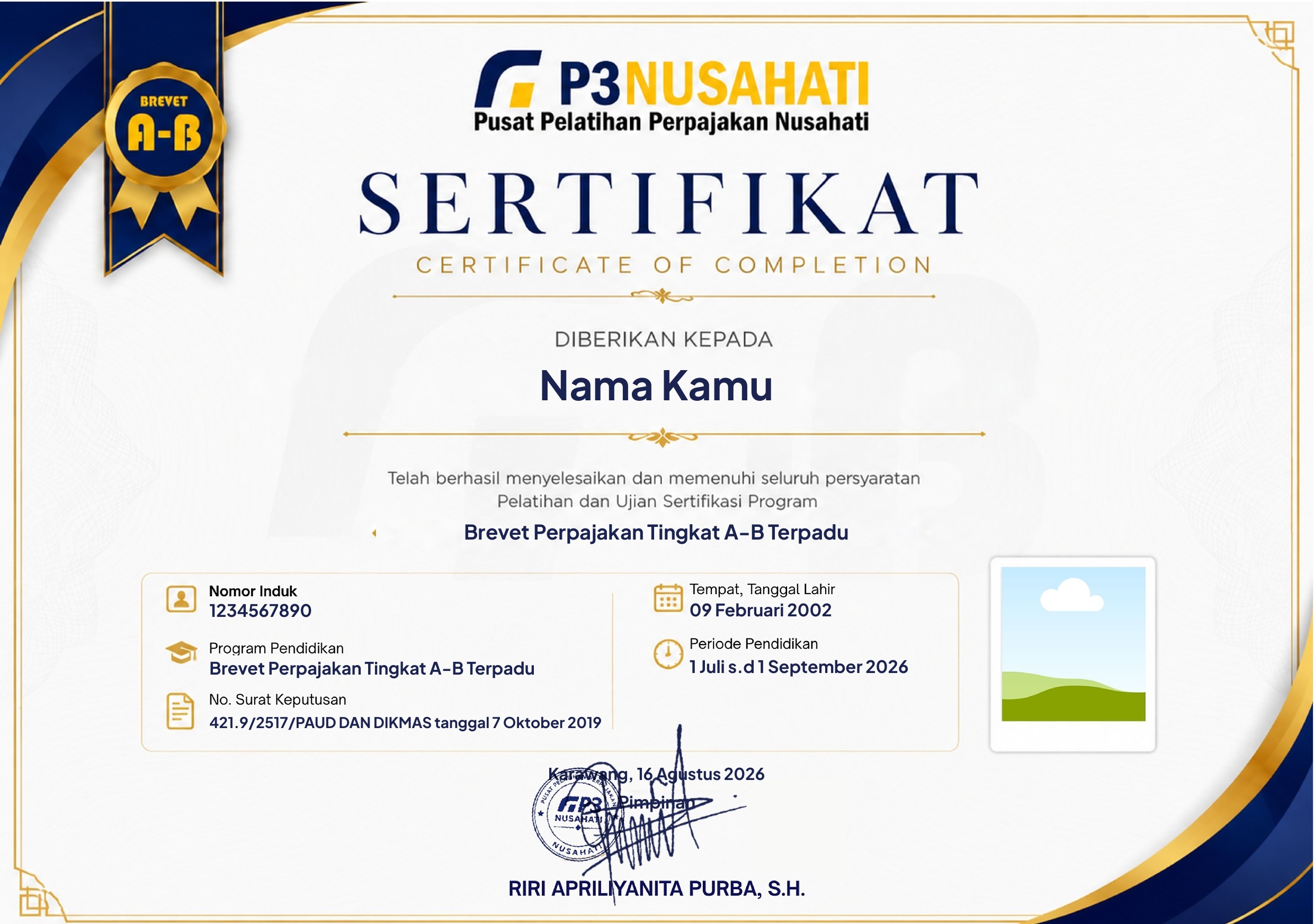 Contoh Sertifikat Brevet Pajak P3Nusahati - Tampak Depan